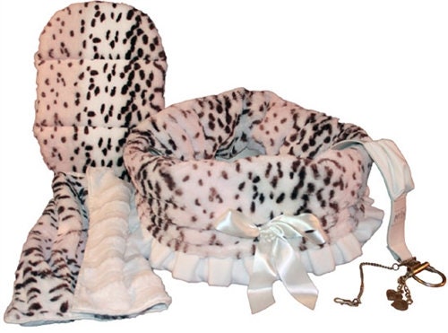 Dog, Puppy & Pet or Cat Reversible Snuggle Bugs Pet Bed, Bag, and Car Seat All-in-One, "Snow Leopard"