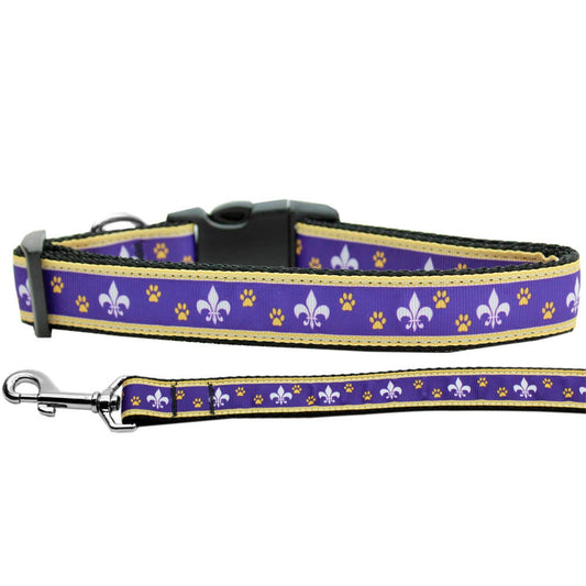 Pet Dog and Cat Nylon Collar or Leash, "Purple & Yellow Fleur De Lis"