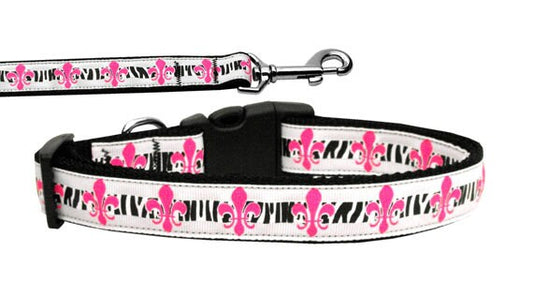 Pet Dog & Cat Nylon Collar or Leash, &quot;Pink Fleur De Lis&quot;