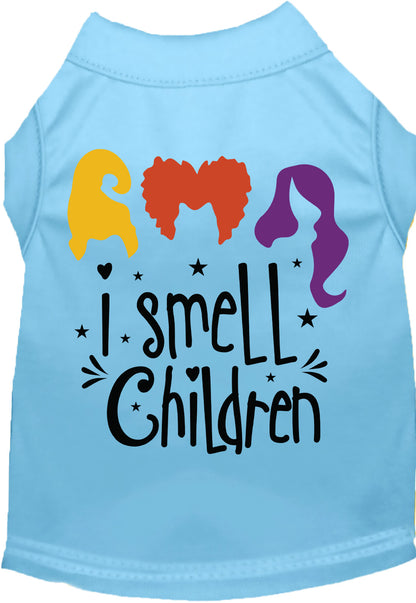 Light blue 'I Smell Children' pet shirt with colorful design