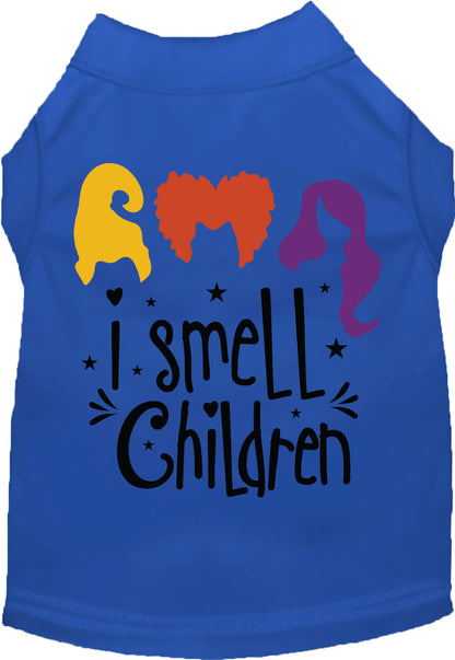 Blue 'I Smell Children' pet shirt with colorful design