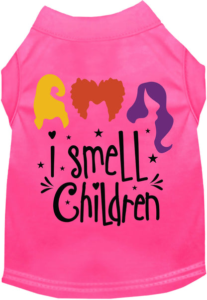 Hot pink 'I Smell Children' pet shirt with colorful design