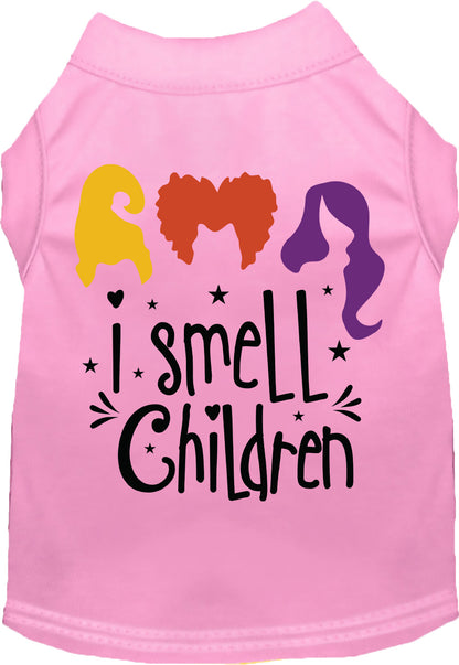 Pink 'I Smell Children' pet shirt with colorful design