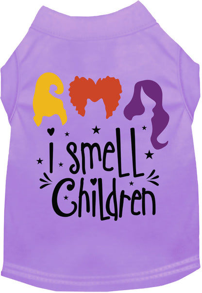 Purple 'I Smell Children' pet shirt with colorful design