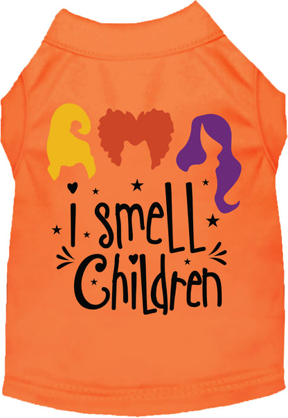 Orange 'I Smell Children' pet shirt with colorful design