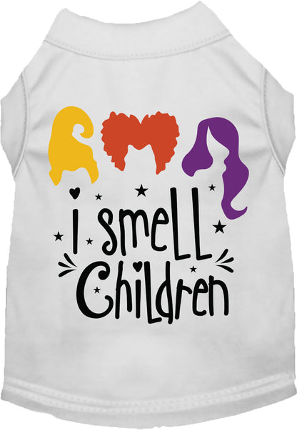 White 'I Smell Children' pet shirt with colorful design