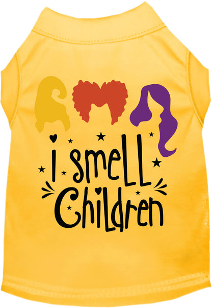 Yellow 'I Smell Children' pet shirt with colorful design