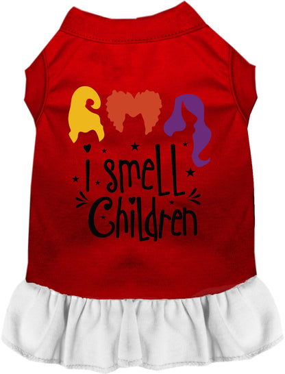 Red and white I Smell Children pet dress with colorful design