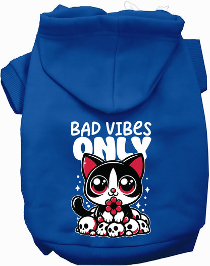 Royal blue Bad Vibes Only pet hoodie with cute cat design