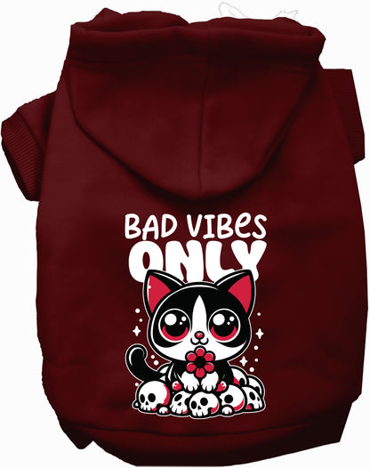 Maroon Bad Vibes Only pet hoodie with cute cat design