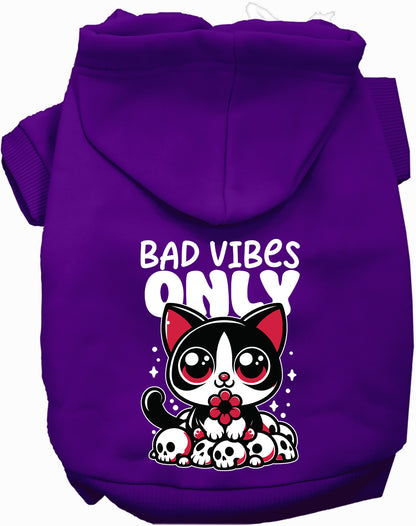 Purple Bad Vibes Only pet hoodie with cute cat design