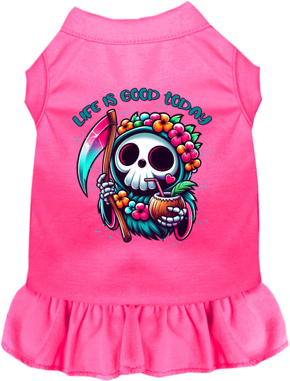 Bright pink tropical Grim Reaper pet dress with floral design