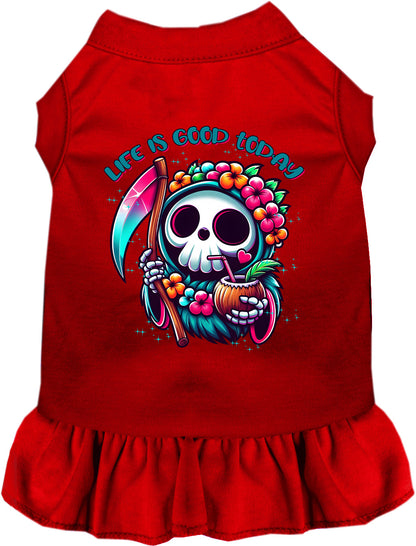 Red tropical Grim Reaper pet dress with floral design