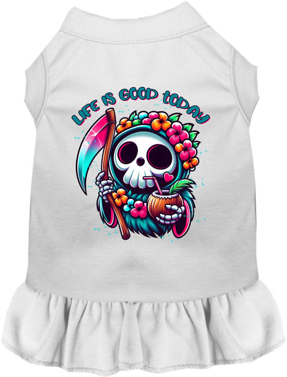 White tropical Grim Reaper pet dress with floral design