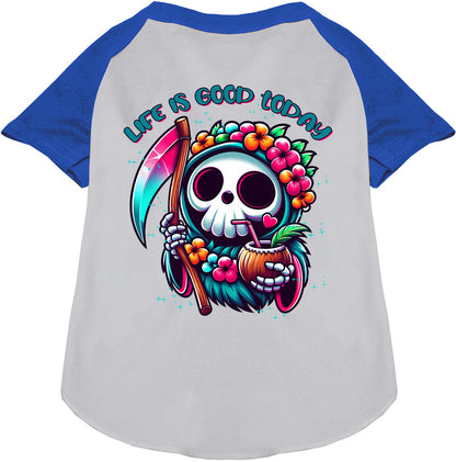 Tropical Grim Reaper Pet Raglan Shirt, blue sleeves