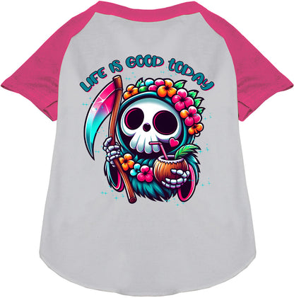 Tropical Grim Reaper Pet Raglan Shirt, pink sleeves