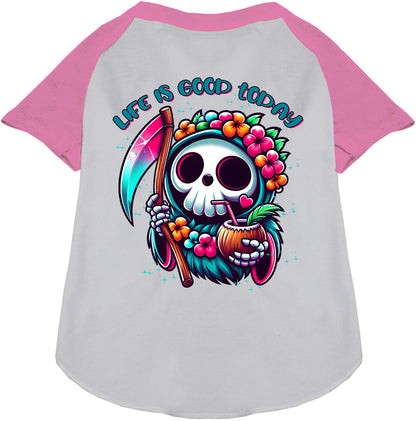 Tropical Grim Reaper Pet Raglan Shirt, light pink sleeves