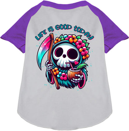 Tropical Grim Reaper Pet Raglan Shirt, purple sleeves