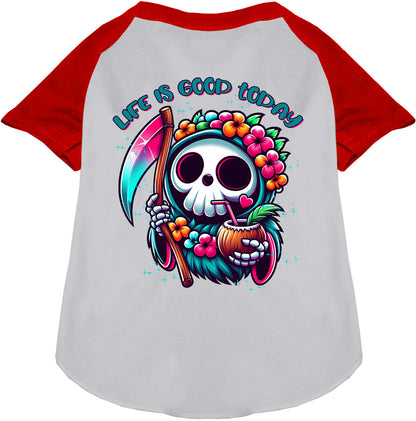 Tropical Grim Reaper Pet Raglan Shirt, red sleeves