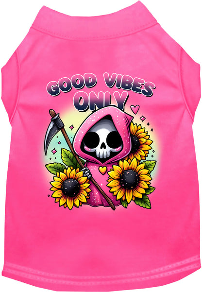 Bright pink pet shirt with sunflowers and scythe design