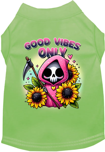 Green pet shirt with sunflowers and scythe design