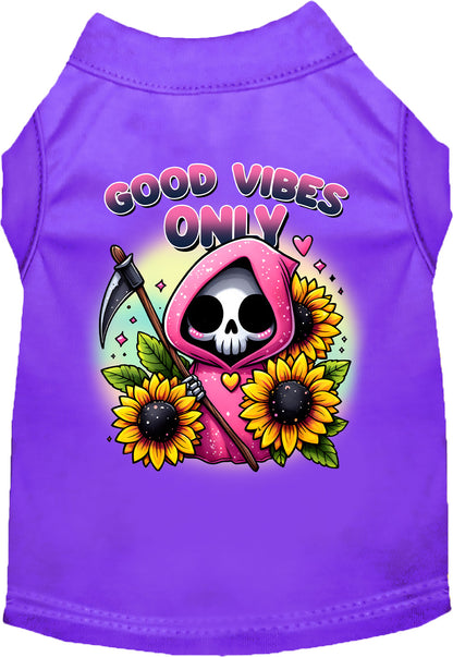 Purple pet shirt with sunflowers and scythe design