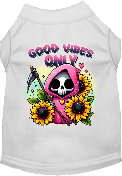 White pet shirt with sunflowers and scythe design