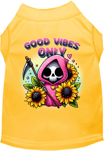 Yellow pet shirt with sunflowers and scythe design