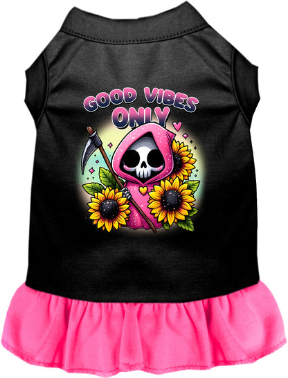 Black pet dress with pink skirt, sunflowers and scythes design