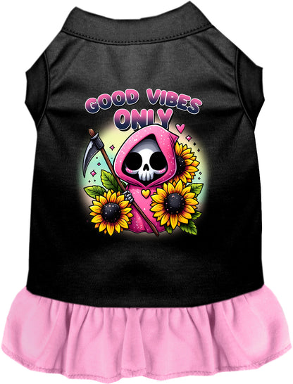 Black pet dress with light pink skirt, sunflowers and scythes design