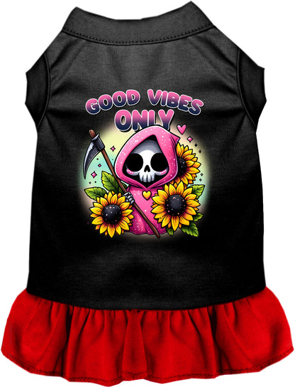 Black pet dress with red skirt, sunflowers and scythes design