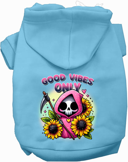 Light blue pet hoodie with sunflowers and scythes design