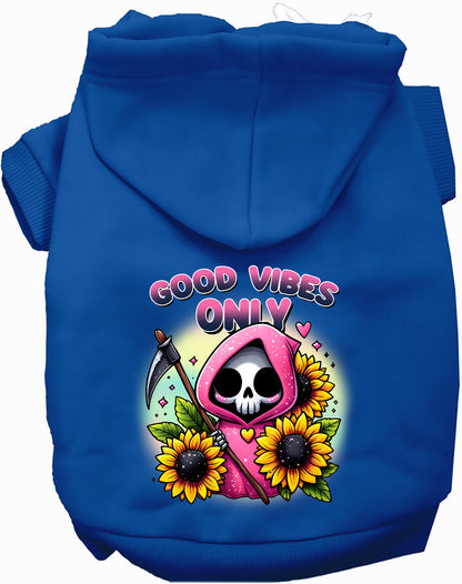 Royal blue pet hoodie with sunflowers and scythes design