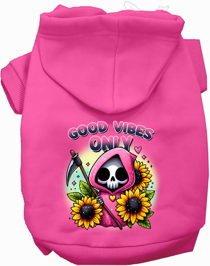 Pink pet hoodie with sunflowers and scythes design