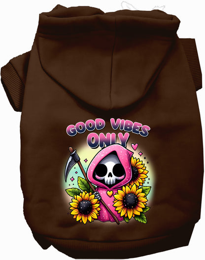 Brown pet hoodie with sunflowers and scythes design