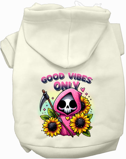 White pet hoodie with sunflowers and scythes design