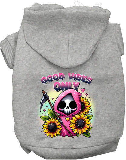 Gray pet hoodie with sunflowers and scythes design