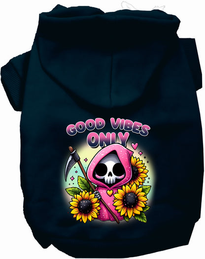 Navy pet hoodie with sunflowers and scythes design