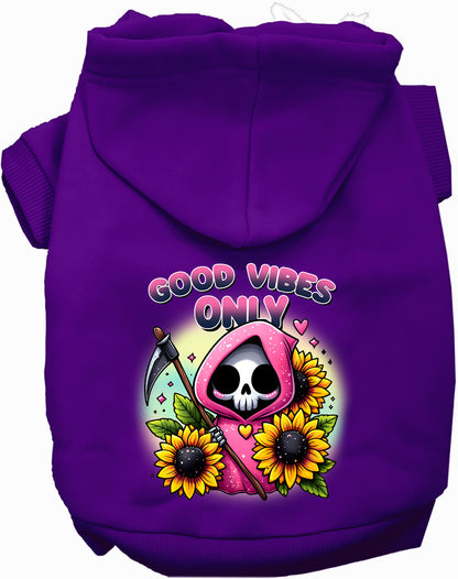 Purple pet hoodie with sunflowers and scythes design