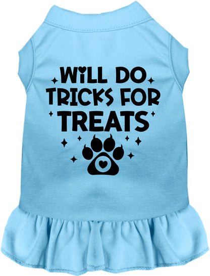 Blue pet dress with 'Will Do Tricks for Treats' print