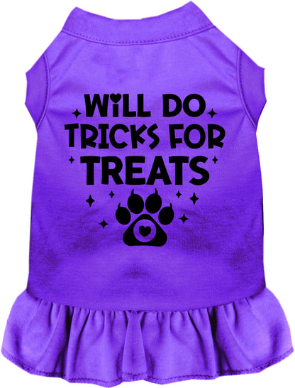 Purple pet dress with 'Will Do Tricks for Treats' print