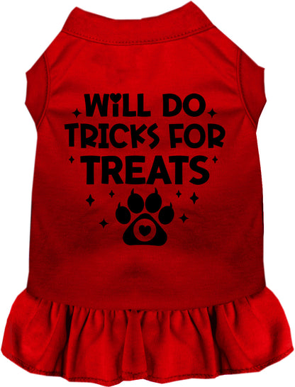 Red pet dress with 'Will Do Tricks for Treats' print