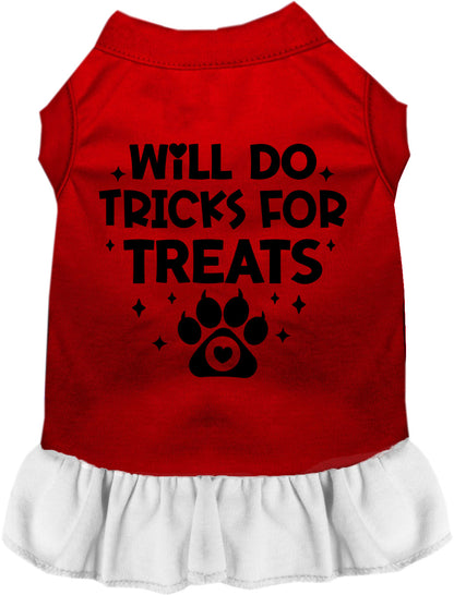 Red pet dress with 'Will Do Tricks for Treats' print