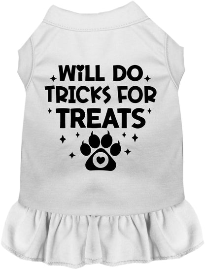 White pet dress with 'Will Do Tricks for Treats' print