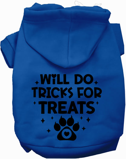 Dark blue pet hoodie with 'Will Do Tricks for Treats' design