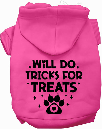 Pink pet hoodie with 'Will Do Tricks for Treats' design