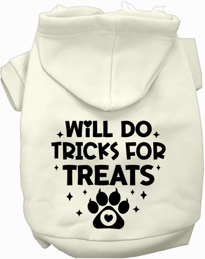 White pet hoodie with 'Will Do Tricks for Treats' design