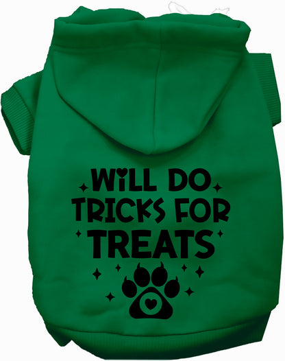 Green pet hoodie with 'Will Do Tricks for Treats' design