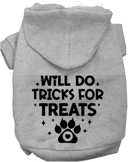 Gray pet hoodie with 'Will Do Tricks for Treats' design