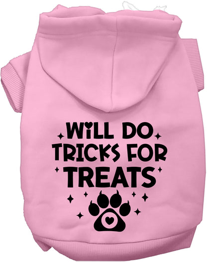 Light pink pet hoodie with 'Will Do Tricks for Treats' design